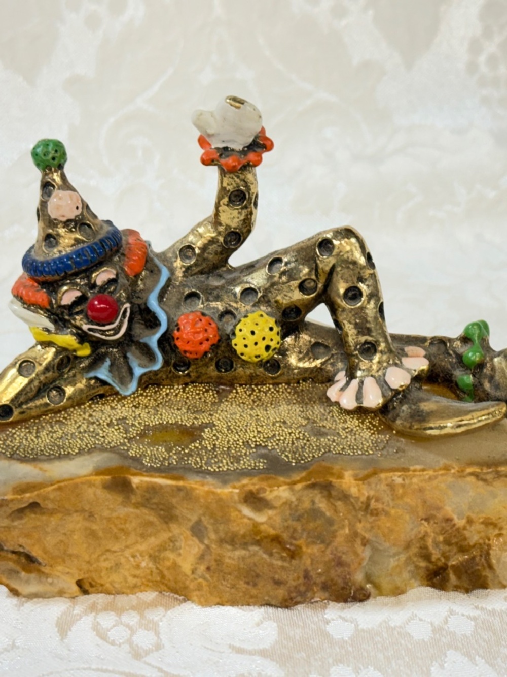 Ron Lee Signed Pinky Laying Down 24K Gold Plated Clown Sculpture 1979